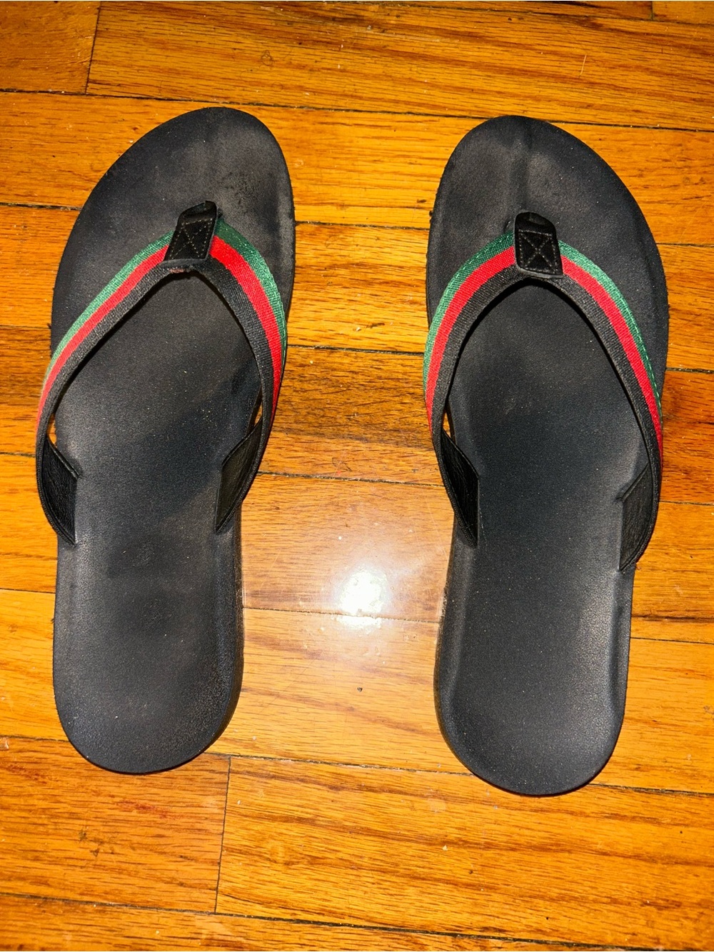 Women’s Black Flip Flops with Red & Green Straps - Picture 2 of 6